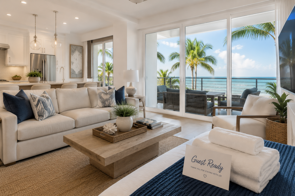 Professionally cleaned vacation rental in Naples, FL featuring a spotless living room, fresh towels, and a welcoming guest-ready atmosphere.